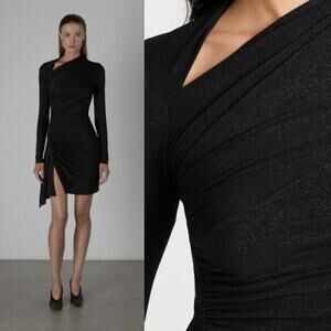 Enza Costa | Lurex Jersey Slash Mini Dress in Black Asymmetrical Ruched 1/S